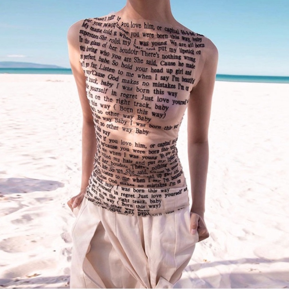Mesh Script Print Tank Top - Beige - Picture 3 of 16